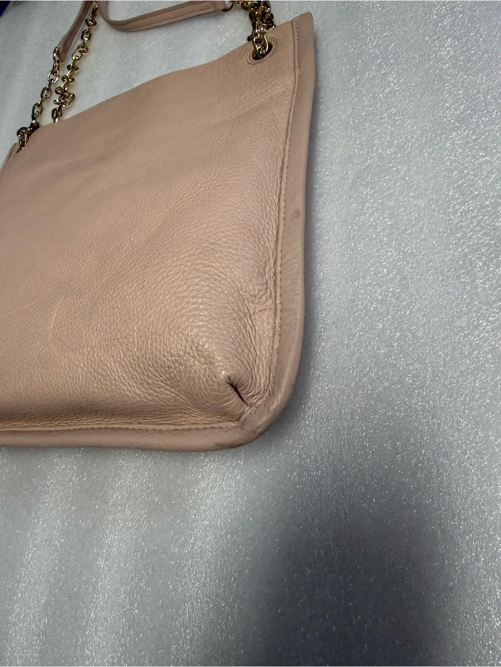 Tory Burch Blush Pink Pebbled Leather Chain Shoulder Tote Bag Gold Logo